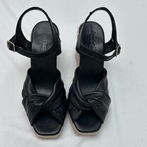 NWOB Jutelia Black Leather Twist Front Espadrille Wedge